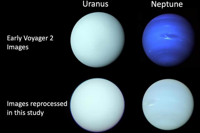 Images of Uranus and Neptune released shortly after the Voyager 2 flybys in 1986 and 1989, respectively, compared with a reprocessing of the individual filter images (Image: Undated handout image issued by Patrick Irwin/University of Oxford/NASA/JPL-Caltech of Voyager 2/ISS )