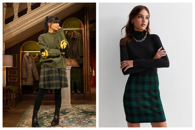 Claudia Winkleman's skirt from Brora costs over £200, get a checked skirt from New Look for under £10. Photographs courtesy of the BBC and New Look.