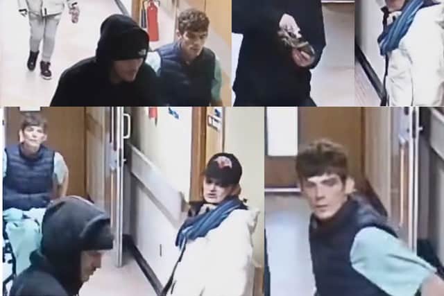 Lancashire Police are hoping to speak to these three people in connection with a mugging in a hospital toilet (Credit: Preston Police/ SWNS)