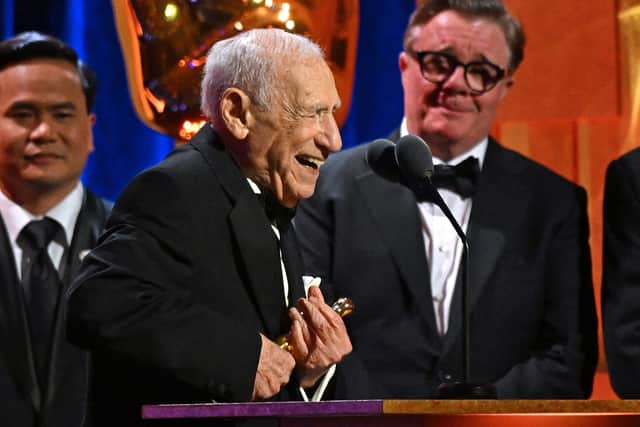 US actor Mel Brooks (2nd L) accepts the Academy Honorary Award during the Academy of Motion Picture Arts and Sciences' 14th Annual Governors Awards at the Ray Dolby Ballroom in Los Angeles on January 9, 2024. (Photo by Robyn BECK / AFP) 