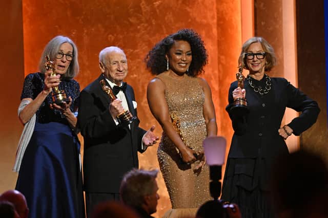 (L-R) US film editor Carol Littleton, US actor Mel Brooks and US actress Angela Bassett pose with their Academy Honorary Award while US film executive Michelle Satter poses with the Jean Hersholt Humanitarian Award during the Academy of Motion Picture Arts and Sciences' 14th Annual Governors Awards at the Ray Dolby Ballroom in Los Angeles on January 9, 2024. (Photo by Robyn BECK / AFP)