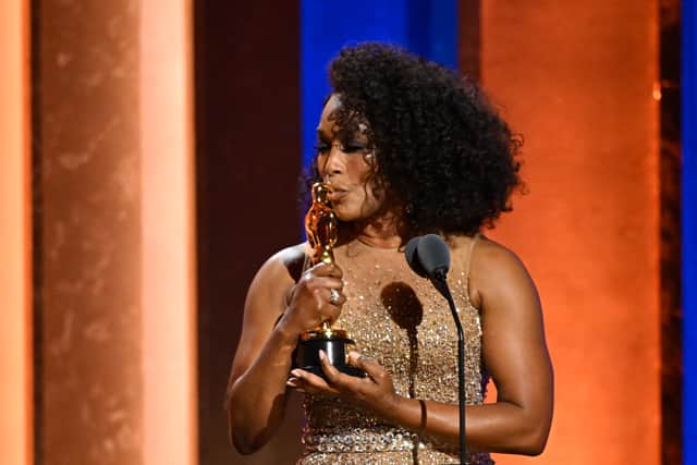 US actress Angela Bassett accepts the Academy Honorary Award during the Academy of Motion Picture Arts and Sciences' 14th Annual Governors Awards at the Ray Dolby Ballroom in Los Angeles on January 9, 2024. (Photo by Robyn BECK / AFP)