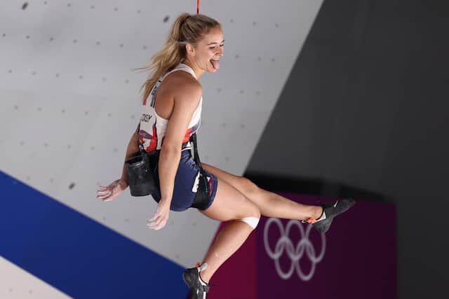 Shauna Coxsey of Great Britain reacts  during the Sport Climbing Women's Combined, Lead Qualification on day twelve of the Tokyo 2020 Olympic Games at Aomi Urban Sports Park on August 04, 2021 in Tokyo, Japan. (Photo by Maja Hitij/Getty Images)