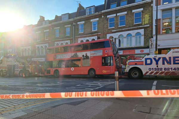 The electric London bus which burst into flames in Wimbledon. (Photo by Ruben Bennett)