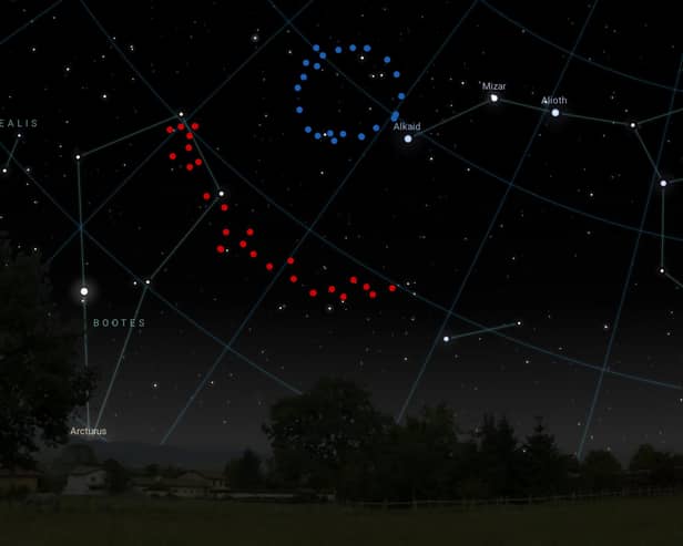 An artistic impression of what has been dubbed the Big Ring (shown in blue) and Giant Arc (shown in red) would look like in the sky. Picture: Stellarium/University of Central Lancashire/PA Wire