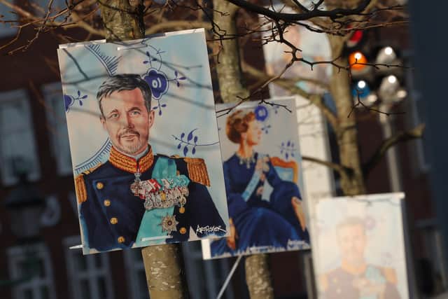 Posters show Danish Crown Prince Frederik and Queen Margrethe II prior to the proclamation of the Crown Prince as new Danish King Frederik X (Photo: Sean Gallup/Getty Images)