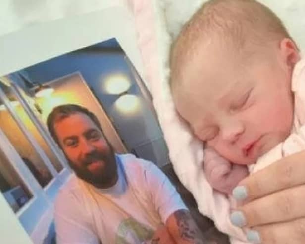 Baby Alice-Rose Adam Hurst with a photo of her father, Adam Hurst. (Picture: Irwin Mitchell/SWNS)