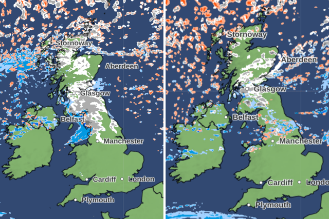 Met Office snow forecast maps showing the forecast at 1pm (left) and 7pm (right) on Tuesday January 16. (Credit: Met Office)