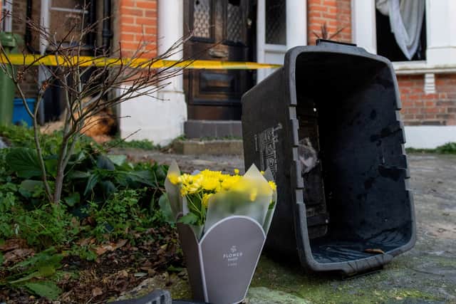 A floral tribute has been left in front of a house of a man who died in a fire (SWNS)