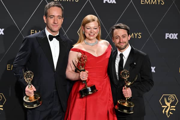 British actor Matthew Macfadyen, winner of Best Supporting Actor in a Drama Series, Australian actress Sarah Snook, winner of Best Actress in a Drama Series and US actor Kieran Culkin, winner of Best Actor in a Drama Series for "Succession" pose in the press room during the 75th Emmy Awards at the Peacock Theatre at L.A. Live in Los Angeles on January 15, 2024. (Photo by Robyn BECK / AFP)