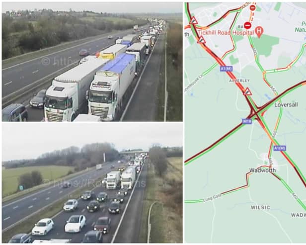 At least two lanes are shut on the M18 northbound near Doncaster after two lorries reportedly collided this morning (January 16) at around 7.45am. Images by National Highways and AA Traffic.