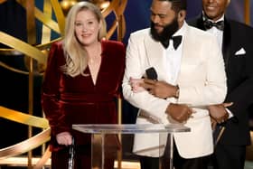 Christina Applegate and host Anthony Anderson speak onstage during the 75th Primetime Emmy Awards at Peacock Theater on January 15, 2024 in Los Angeles, California. (Photo by Kevin Winter/Getty Images)