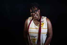 Guyanese-born film curator and director of Pan African Cinema Archive June Givanni, poses during a portrait session in Ouagadougou, on October 21, during the 2021 edition of the FESPACO,t he Panafrican Film and Television Festival of Ouagadougou (Photo by OLYMPIA DE MAISMONT / AFP)