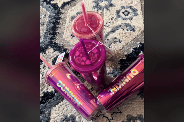 A limited edition pink Dunkin' Valentine's Day cup has been released. Photo by TikTok/@cookingnclipping.