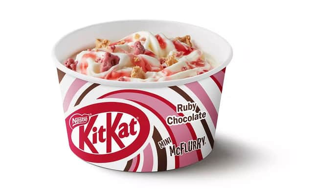 McDonald's UK has launched two new limited edition desserts for Valentine's Day 2024. Pictured is the Ruby Chocolate KitKat McFlurry. Photo by McDonald's.