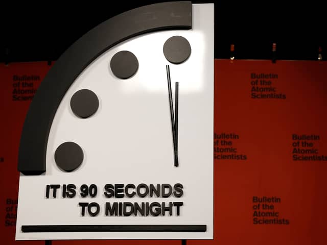 The 2023 Doomsday Clock - the clock has remained set at 90 seconds to midnight in 2024 (Photo: Anna Moneymaker/Getty Images)