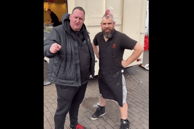Danny Malin of Rate My Takeaway (left) met Ben Newman of Spudman (right). The two are food-based social media stars. Photo by TikTok/Danny Malin.