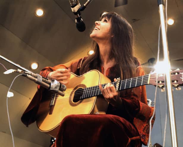 Glastonbury and Woodstock legend Melanie Safka has died aged 76. Here she is  on stage at Crystal Palace, London, 3rd June 1972. (Photo by Michael Putland/Getty Images)