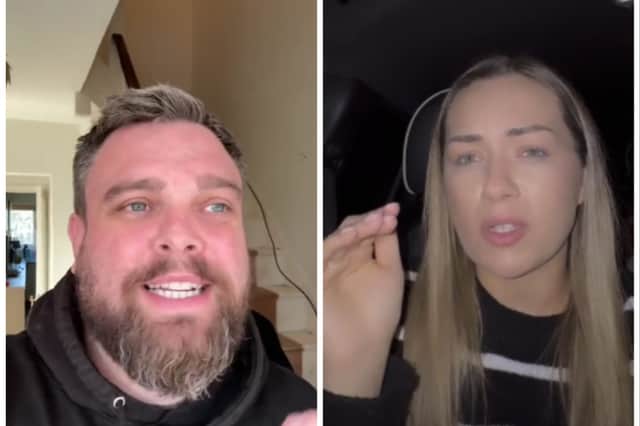 TikToker Dan has said he is 'grateful' for the support he's received online since his split from former wife Lucy Claire, but she's slammed the people who have posted 'vile opinions' about her. Photos by TikTok (left @DanAndLucy and right @LucyAndHarps).