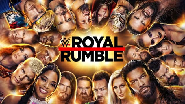 30 wrestlers compete in an over-the-top battle royal for a chance to challenge for a title at Wrestlemania - it's the WWE's annual Royal Rumble (Credit: WWE)