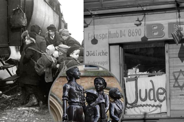 Kurt Marx is one of the 10,000 Kindertransport refugees who survived the Holocaust. (Jewish children board a train for Switzerland, vandalised store during Kristallnacht, statue of Kindertransport in London)