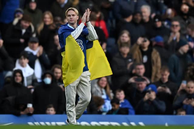 Mykhailo Mudryk celebrates signing for Chelsea in 2023.