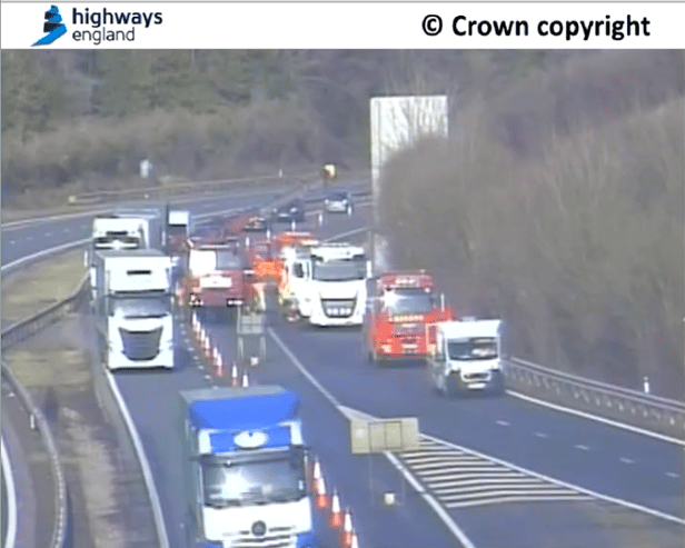 One lane of the M3 in Hampshire remains closed following a lorry fire earlier today which closed the carriageway. (Credit: National Highways)