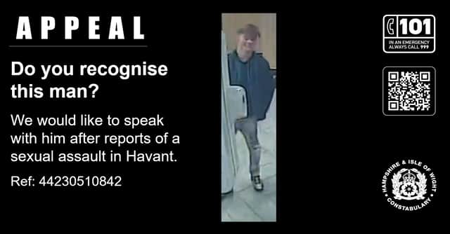 The police have realesed an image of a man they would like to speak to after another
man was touched inappropriately over his clothing in a fast food restaurant in Havant. Picture: Hampshire and Isle of Wight Constabulary 