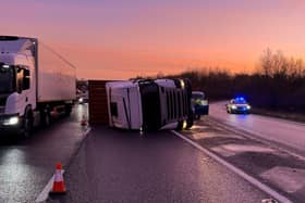 The overturned lorry blocked traffic through the A14 near junction 1. (Credit: National Highways)