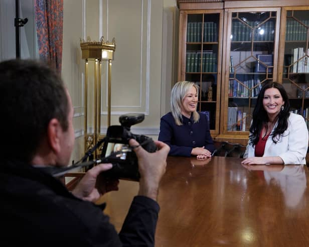 Behind the scenes at Stormont during an official portrait session of First Minister Michelle O'Neill (centre) and Deputy First Minister Emma Little-Pengelly (right) by Kelvin Boyes in the office of First Minister on the day Ms. O’Neill became Northern Ireland's first nationalist First Minister. Picture: Liam McBurney/PA Wire