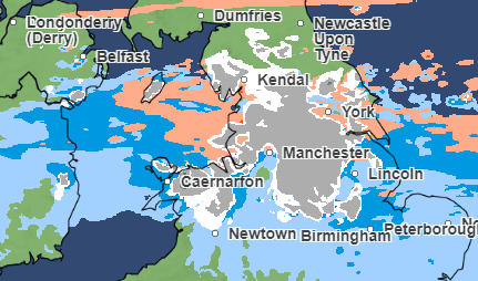 Snow is expected to fall in North Wales and northern areas of England at around 3pm on Thursday February 8 (Credit: Met Office)