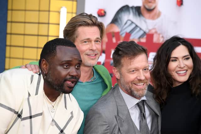 (L-R) Brian Tyree Henry, Brad Pitt, David Leitch and Kelly McCormick attend the Los Angeles premiere of Columbia Pictures' "Bullet Train" at Regency Village Theatre on August 01, 2022 in Los Angeles, California. (Photo by Jon Kopaloff/Getty Images)