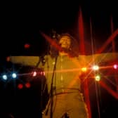 Bob Marley performing on stage at the West Coast Rock Show, Ninian Park in Cardiff, Wales, 19th June 1976. (Photo by Watal Asanuma/Shinko Music/Getty Images)