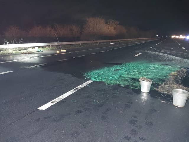 The M5 between Cheltenham and Gloucester has been closed after a serious crash between two lorries. Diesel was spilled across the carriageway during the collision, with the road closed for clean-up. (Credit: National Highways: South-West)