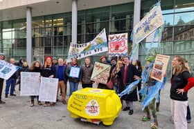 Protesters from River Action outside the court in Cardiff as they bring a judicial review against the Environment Agency for allowing agricultural run-off to pollute the River Wye