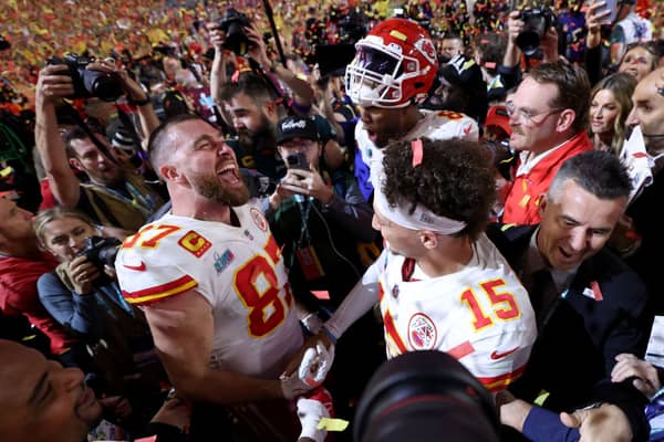 Travis Kelce and Patrick Mahomes celebrating their Super Bowl LVIII win