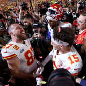 Travis Kelce and Patrick Mahomes celebrating their Super Bowl LVIII win