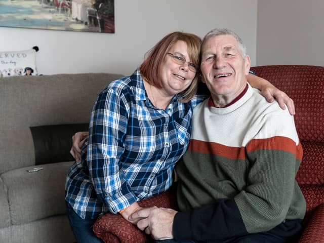 Paul with his finace Christine Metcalfe, 55. Paul Gill, 65, ex-rugby league player misdiagnosed with Motor Neurone Disease says he feels ha's escaped "death row" after learning his symptoms were caused by his statins. (Picture: Lee Mclean/SWNS)