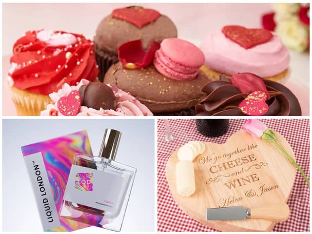 Valentine's Day gift guide 2024. Credit: Lola's Cupcakes (top), Liquid London (bottom left), Getting Personal (bottom right).