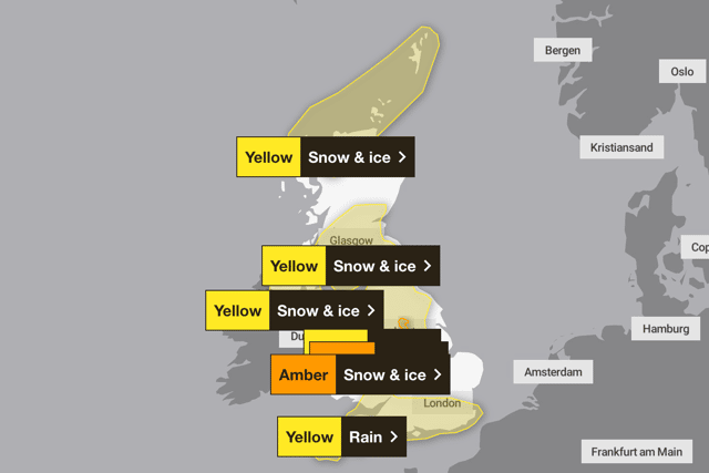 The Met Office have issued several amber and yellow weather warnings in the UK, with the most severe in Wales, Shropshire, the Pennines and the Peak District (Credit: Met Office)