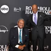 US singer John Edwards (L) and US vocalist Henry Fambrough of The Spinners arrive for the 38th Annual Rock & Roll Hall of Fame Induction Ceremony at Barclays Center in the Brooklyn borough of New York City, on November 3, 2023. (Photo by ANGELA WEISS / AFP)