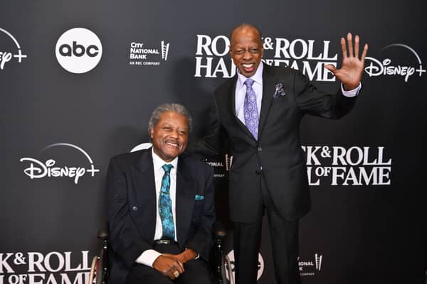 US singer John Edwards (L) and US vocalist Henry Fambrough of The Spinners arrive for the 38th Annual Rock & Roll Hall of Fame Induction Ceremony at Barclays Center in the Brooklyn borough of New York City, on November 3, 2023. (Photo by ANGELA WEISS / AFP)