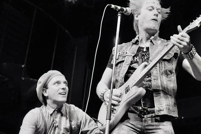 Rik Mayall and Ade Edmonson, performing as the Young Ones, Comic Relief Shaftesbury Theatre, London 4/25/86 (Photo by Steve Rapport/Getty Images)