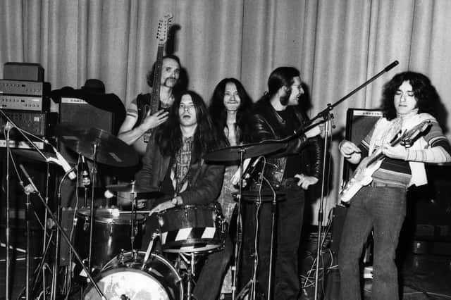 German experimental rock group Can, from left to right; Holger Czukay, Michael Karoli, Damo Suzuki, Irmidt Schmidt and Jaki Leibzeit, during the 'Tago Mago' period. Damo Suzuki has died at the age of 74. (Photo by Keystone/Getty Images)