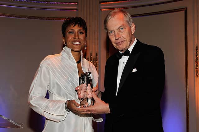 Bob Edwards has passed away at the age of 76. TV personality Robin Roberts poses with her AMEE Award in Broadcasting and radio personality Bob Edwards at the 2010 AFTRA AMEE Awards at The Grand Ballroom at The Plaza Hotel on February 22, 2010 in New York City.  