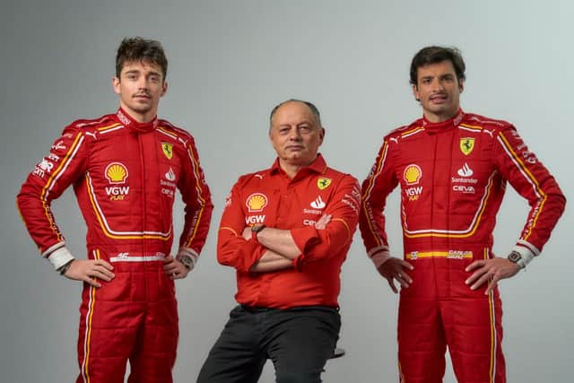 From left, Charles Leclerc, Ferrari team principal Frederic Vasseur, and Carlos Sainz. (Picture: Ferrari)