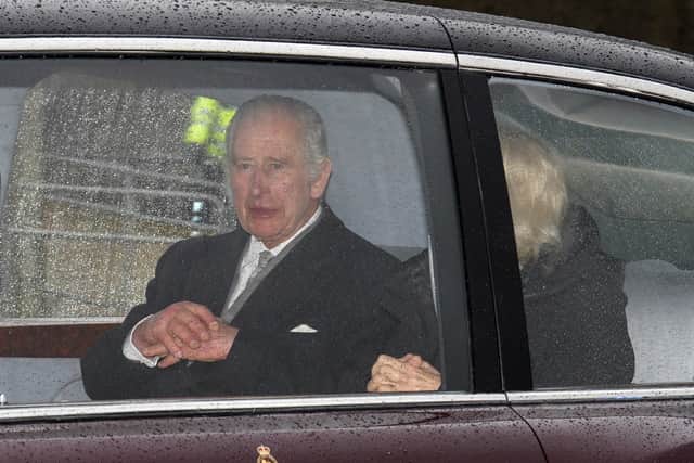 King Charles III and Queen Camilla arriving back at Clarence House in London after spending a week at Sandringham in Norfolk, following the announcement of King Charles III's cancer diagnosis. Jordan Pettitt/PA Wire 