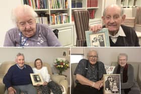 Clockwise from top, centenarian couple, Olwen and Arthur Hayward, aged 100 and 101, who have been married for more than 75 years; John and Patricia Chesney, aged 84 and 83, who celebrated 61 years of marriage on February 2; and Josephine and Aubrey Langley, aged 90 and 91 respectively, who have been married for 63 years. All couples live at Care UK's Llys Cyncoed home in Cardiff Picture: Care UK, released February 2024 