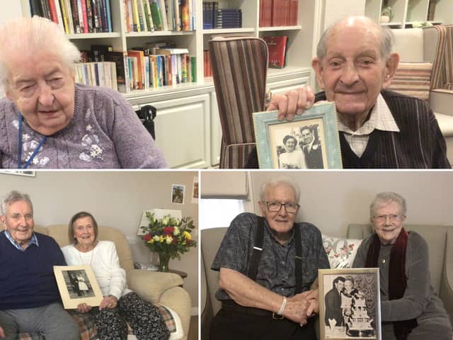 Clockwise from top, centenarian couple, Olwen and Arthur Hayward, aged 100 and 101, who have been married for more than 75 years; John and Patricia Chesney, aged 84 and 83, who celebrated 61 years of marriage on February 2; and Josephine and Aubrey Langley, aged 90 and 91 respectively, who have been married for 63 years. All couples live at Care UK's Llys Cyncoed home in Cardiff Picture: Care UK, released February 2024 
