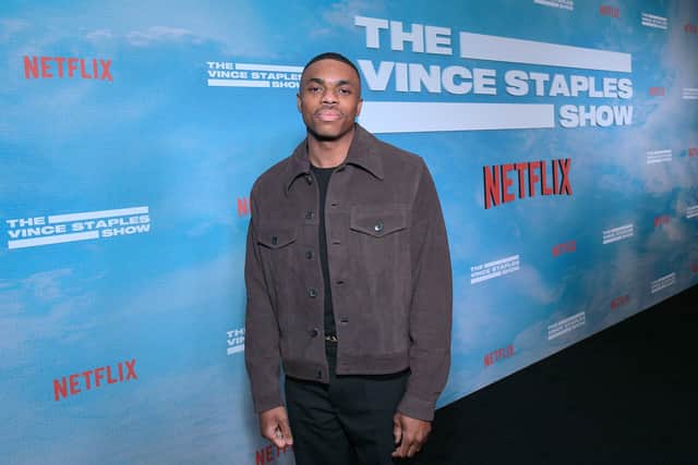 Vince Staples attends Netflix's THE VINCE STAPLES SHOW Premiere at Netflix Tudum Theater on February 12 2024 in Los Angeles, California. (Photo by Charley Gallay/Getty Images for Netflix)